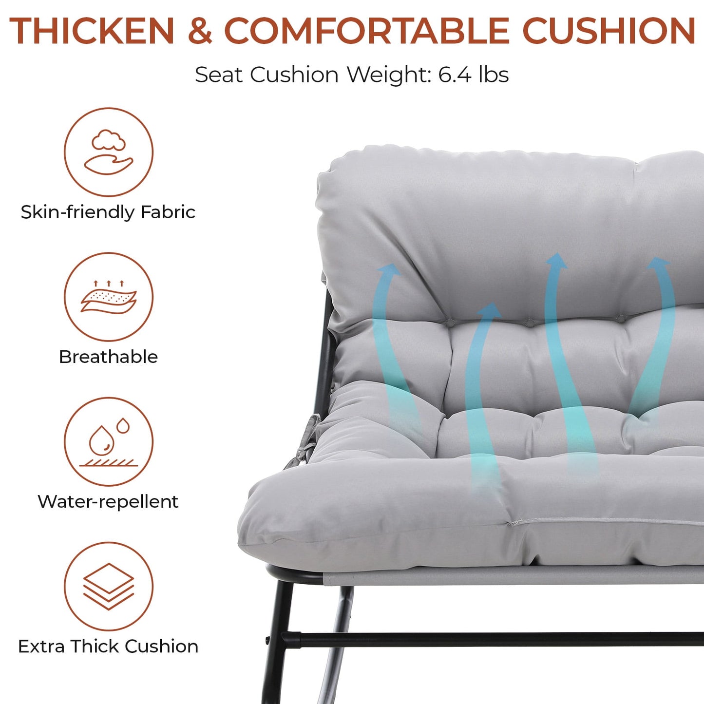 Pirecart Outdoor Papasan Rocking Chair, Lounge Chair with Cushion & Side Pocket, Metal Frame, Patio Rocker Chair for Balcony Backyard
