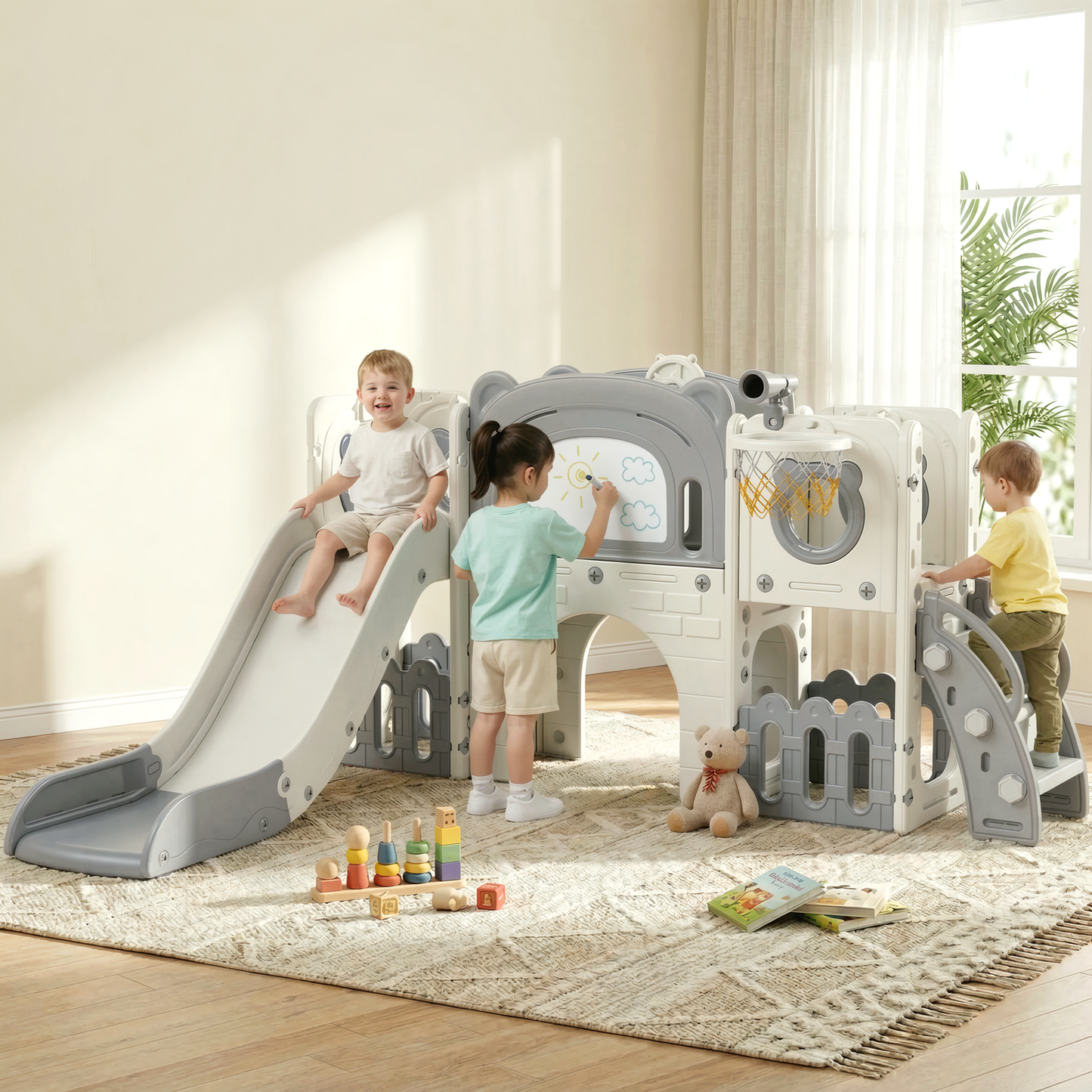Pirecart 10-in-1 Kids Slide, Indoor Outdoor Toddler Slide Playground with Drawing Board, Basketball Hoop, Tunnel & Storage for Playroom, Kindergarten, Backyard, Gift for Children Age 3+