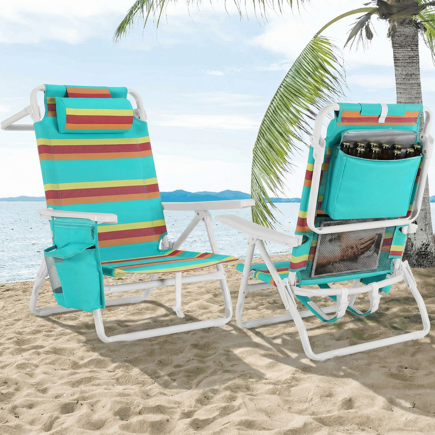 Foldable Beach Chair, 5-Position Lay Flat Reclining Beach Chair W/ Headrest, Storage Bag, Cooler Pouch,Towel Bar, Foot Mat