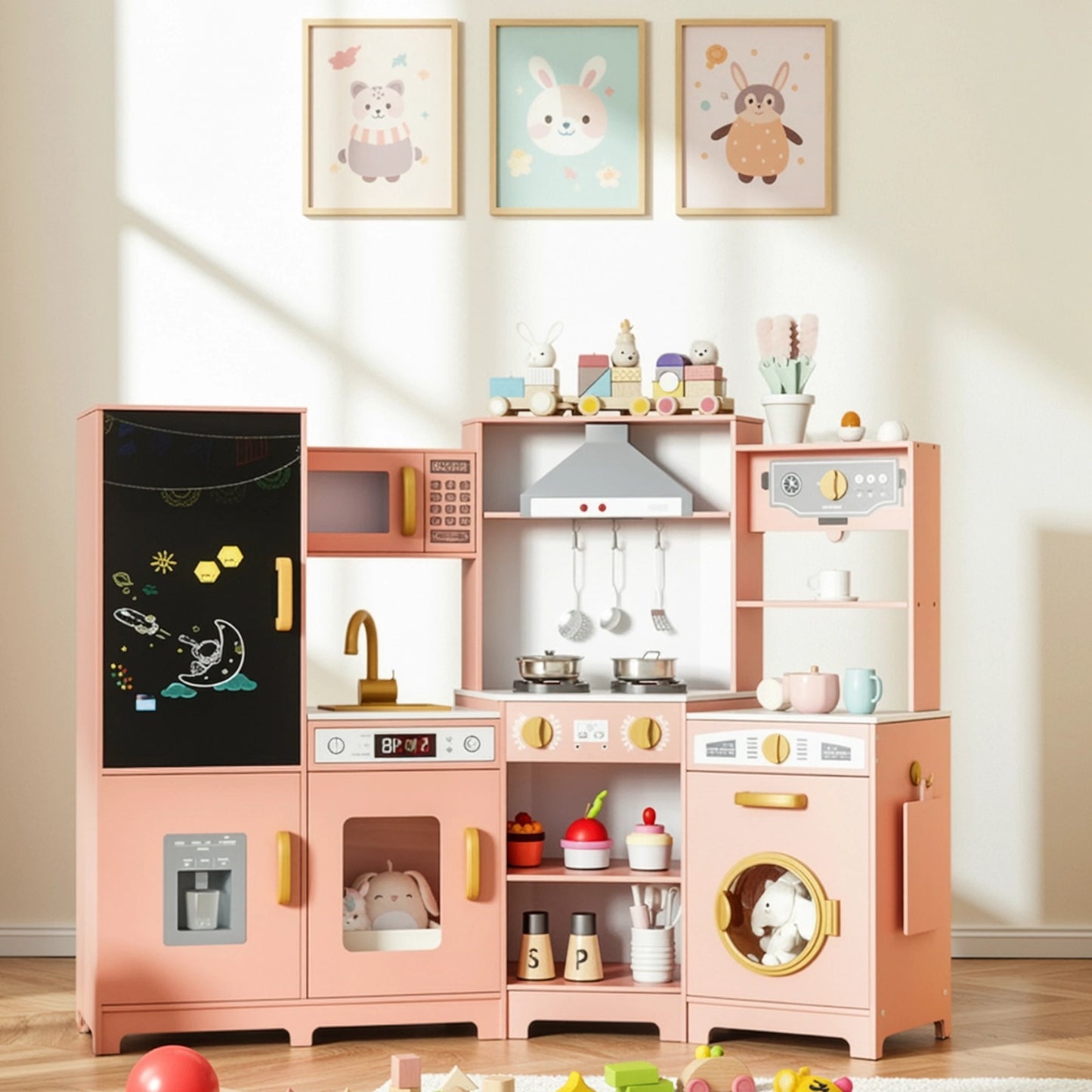 Pirecart Wooden Corner Play Kitchen, Kids Play Kitchen with Blackboard and 6Pcs Cooking Accessories, Toddler Play Kitchen Set with Realistic Sound & Light