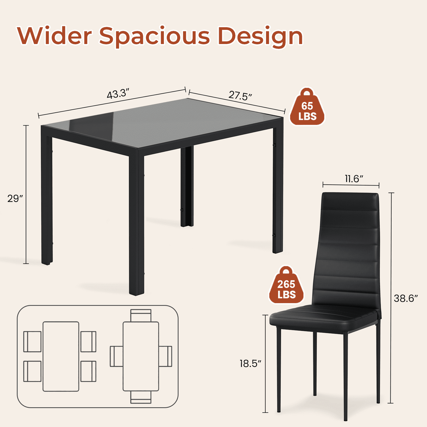 Pirecart Dining Set of 5, 4 Upholstered PU Chairs W/ Tempered Glass Dining Table, Esay-Cleaning & Space-Saving Dining set, Metal Steel Frame Dining Room Set