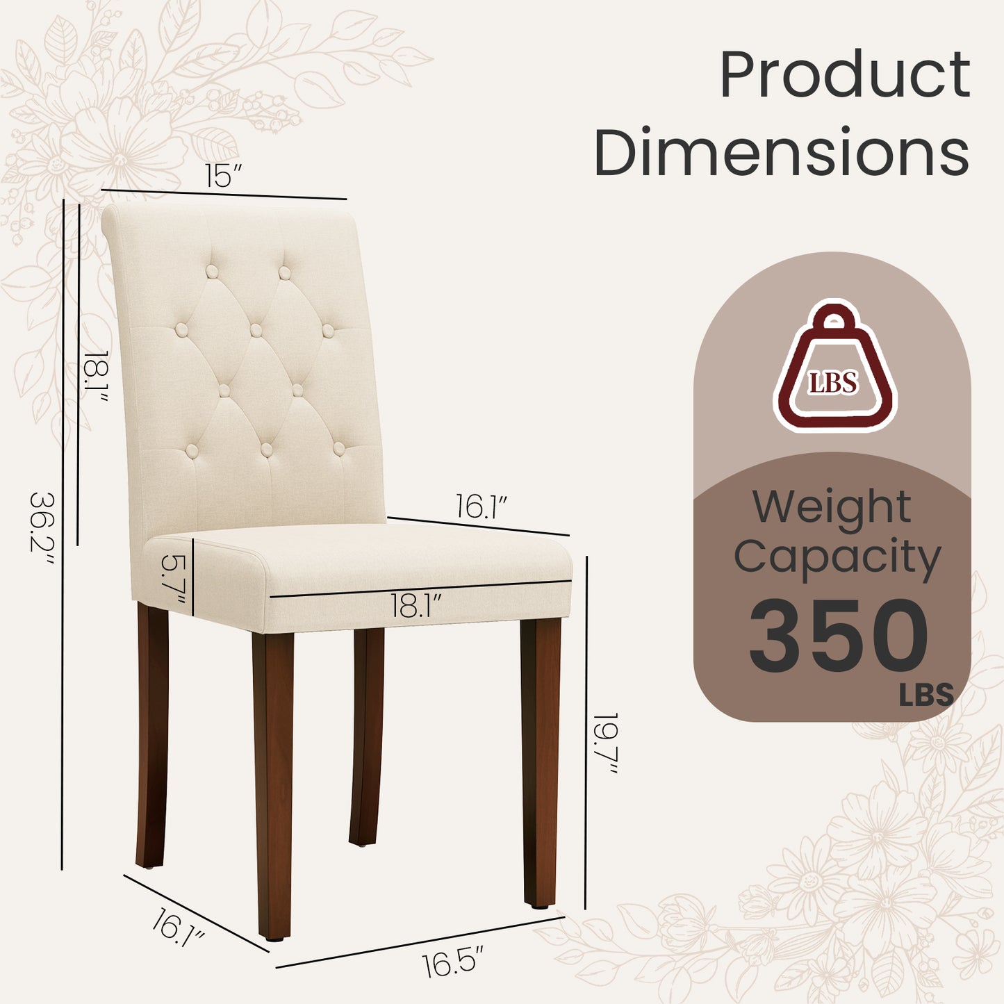 Pirecart 2 PCS Dining Chairs, Kitchen Chairs with Solid Wood Legs, Button-Tufted Parsons Design Upholstered Fabric Chairs