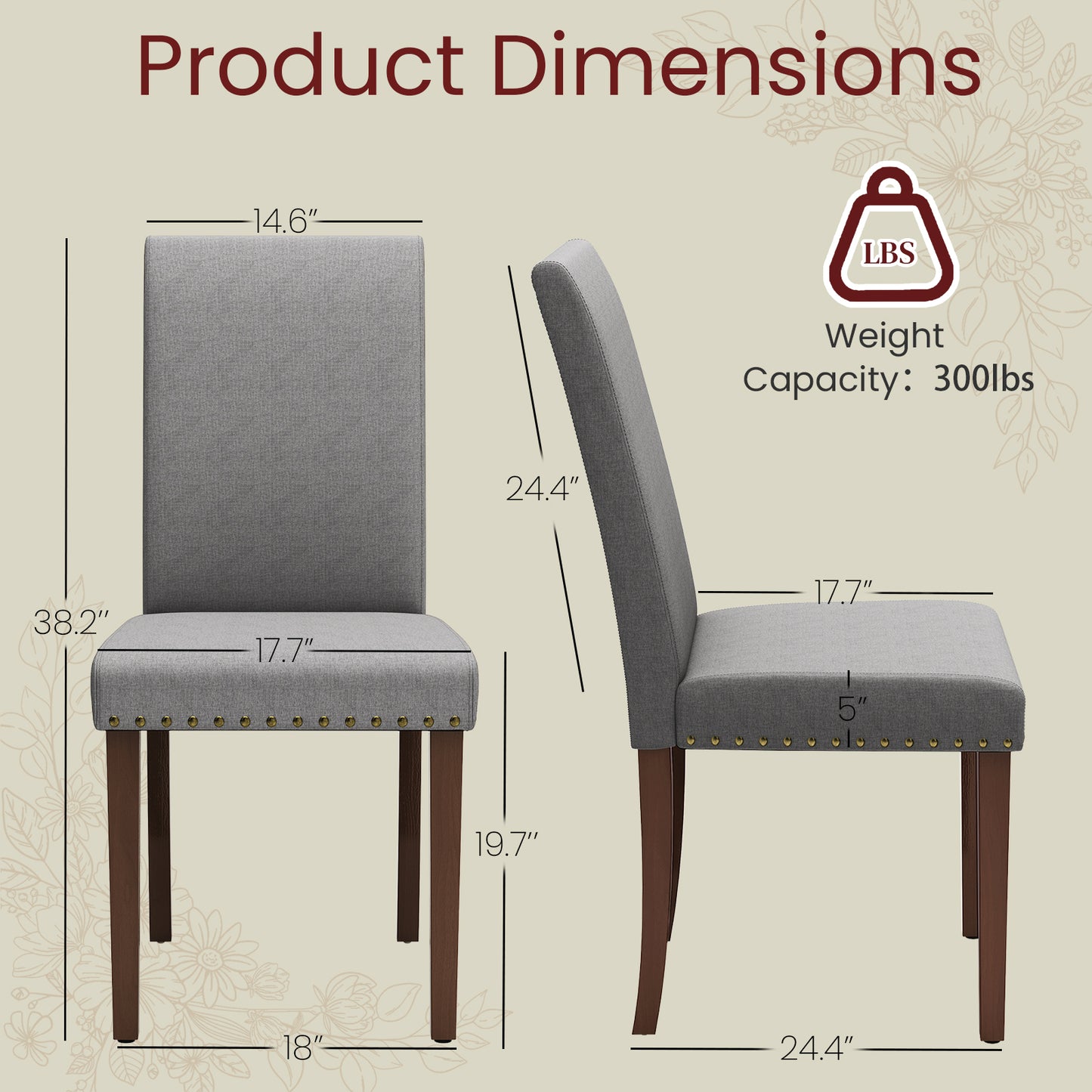 Pirecart 4 PCS Upholstered Dining Chairs Set, Tufted Parsons Design Kitchen Chairs with Nail Head Trim, Solid Wood Legs and Padded Seat, for Kitchen, Dining Room, Living Room