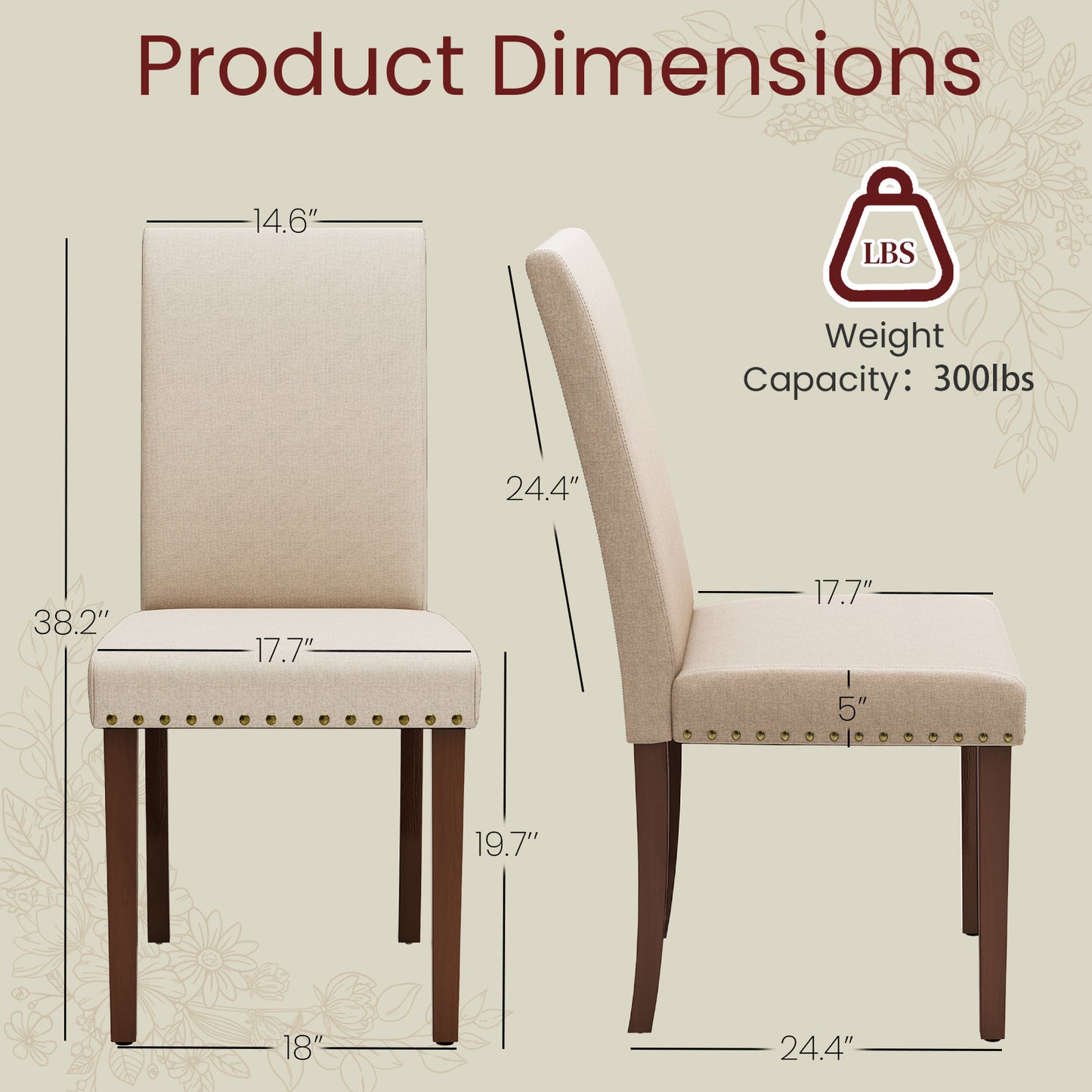 Pirecart Dining Chairs Set of 2, Kitchen Chairs with Nail Head Trim, Solid Wood Legs and Padded Seat, Tufted Parsons Design, Upholstered Fabric Chairs