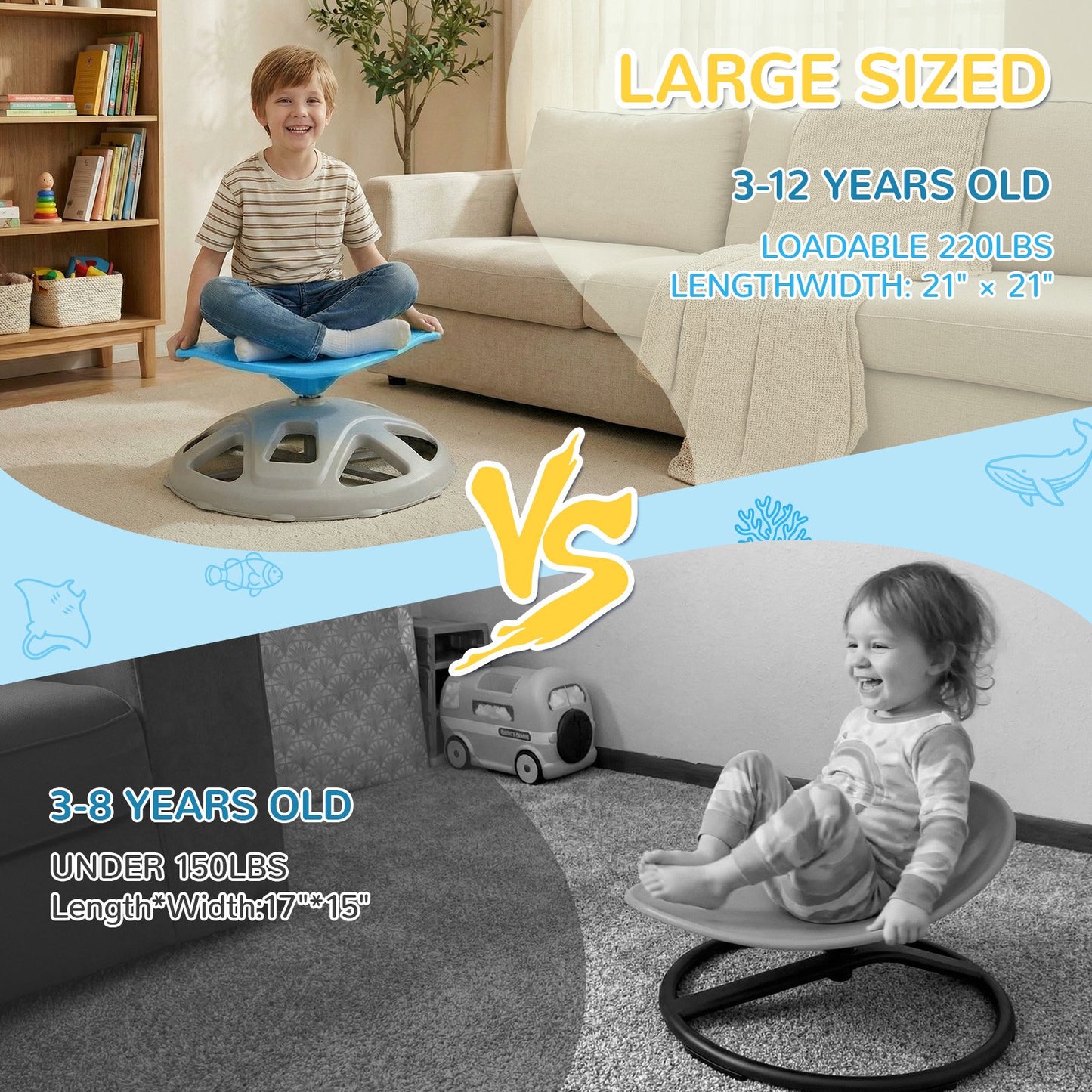 Pirecart Manta-Shaped Spinning Chair for Autistic Kids, Sensory Swivel Chair for Training Body Coordination, Sit and Spin Toys W/ Upgraded Base for ADHD Child