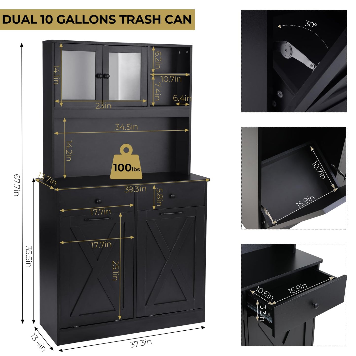 pirecart Dual Tilt Out Trash Cabinet 10Gal X2 Hidden Garbage Holder with Shelves