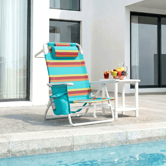 Foldable Beach Chair, 5-Position Lay Flat Reclining Beach Chair W/ Headrest, Storage Bag, Cooler Pouch,Towel Bar, Foot Mat