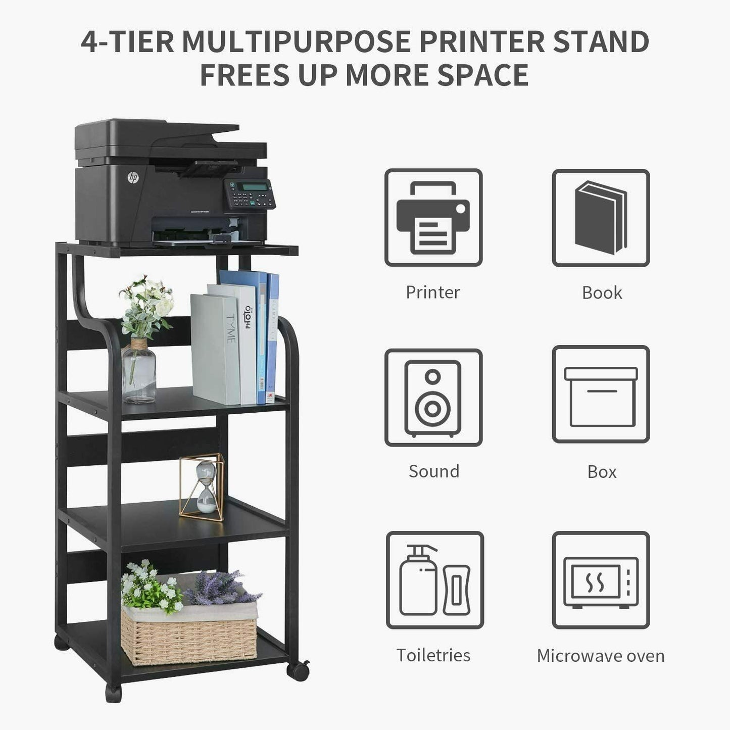 Pirecart 4-Tier Mobile Printer Stand with Wheels & Storage Shelves for Home Office