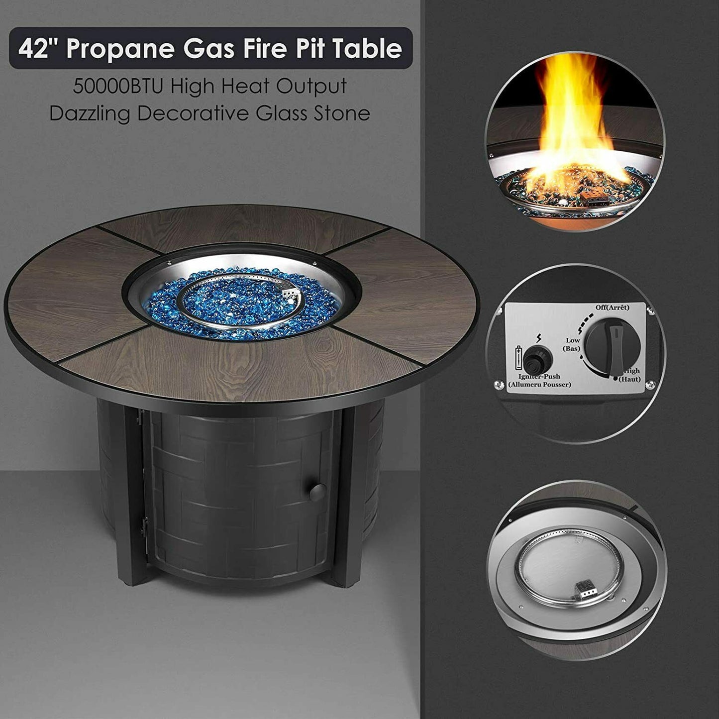 pirecart 42inch Gas Propane Fire Pit Table 50,000 BTU Round Gas Fire Table with Lid