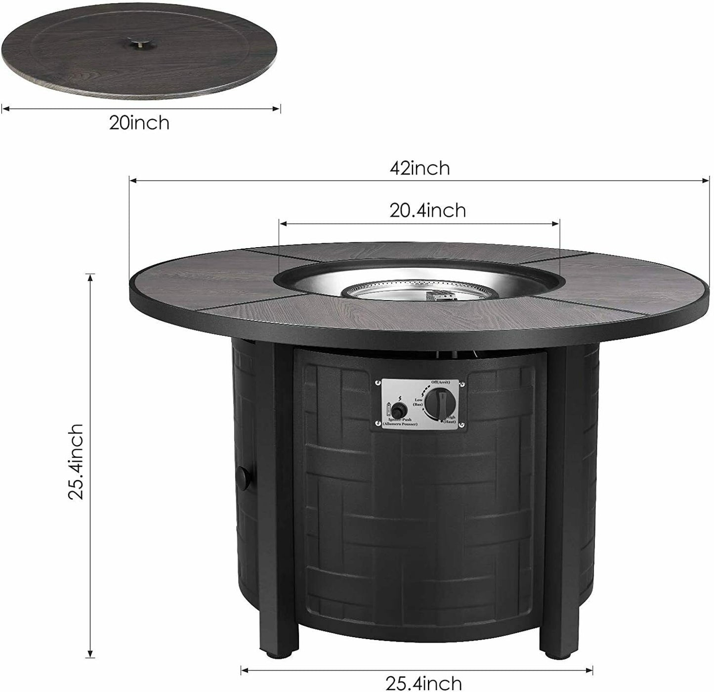 pirecart 42inch Gas Propane Fire Pit Table 50,000 BTU Round Gas Fire Table with Lid