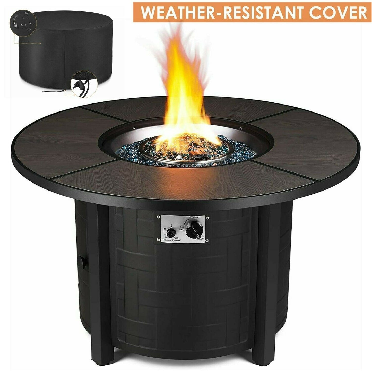 pirecart 42inch Gas Propane Fire Pit Table 50,000 BTU Round Gas Fire Table with Lid