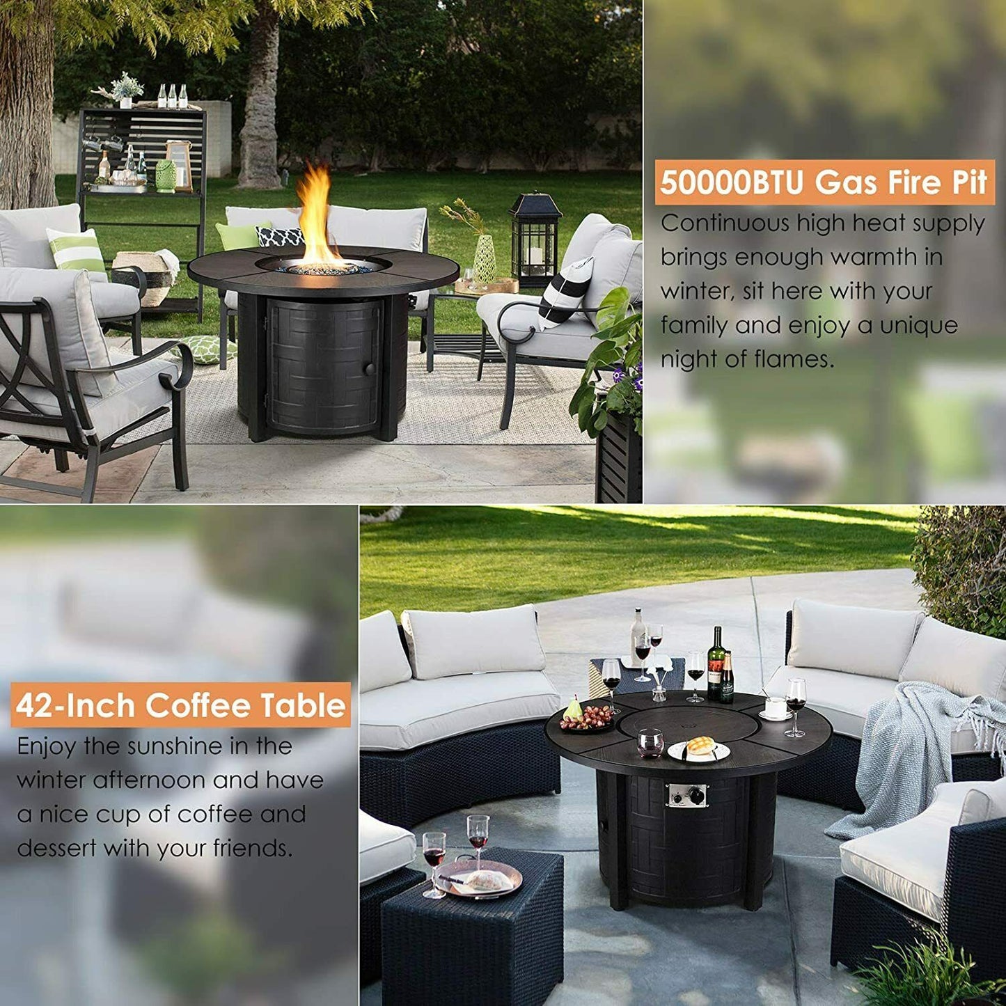 pirecart 42inch Gas Propane Fire Pit Table 50,000 BTU Round Gas Fire Table with Lid